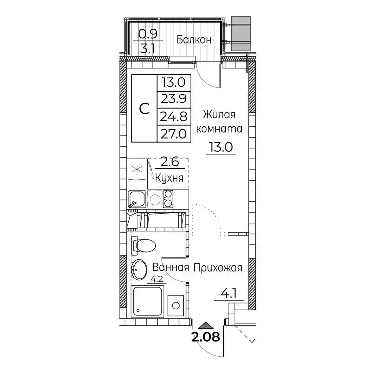 Квартира-студия: Владивосток, улица Расула Гамзатова, 7к2 (27 м) - Фото 2