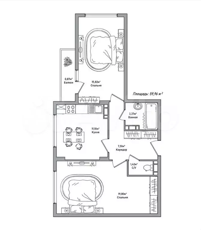 2-к. квартира, 60 м, 7/10 эт. - Фото 0