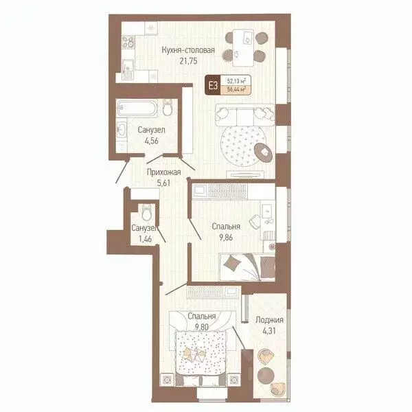 2-к кв. Тульская область, Тула Кулик жилой комплекс (54.29 м) - Фото 0