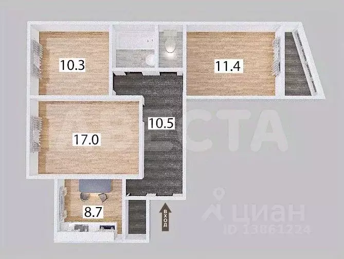 3-к кв. Омская область, Омск ул. Конева, 22 (65.4 м) - Фото 2