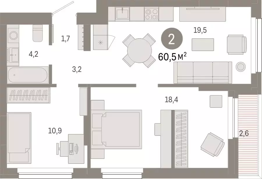 2-комнатная квартира: Новосибирск, квартал Лебедевский (60.5 м) - Фото 1