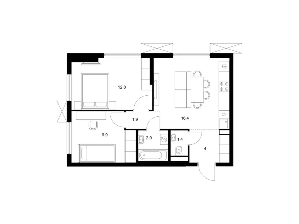 2-к квартира, 49.3 м - Фото 0