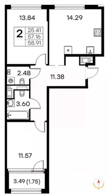 2-к кв. Санкт-Петербург ул. Челюскина, 10 (59.2 м) - Фото 2