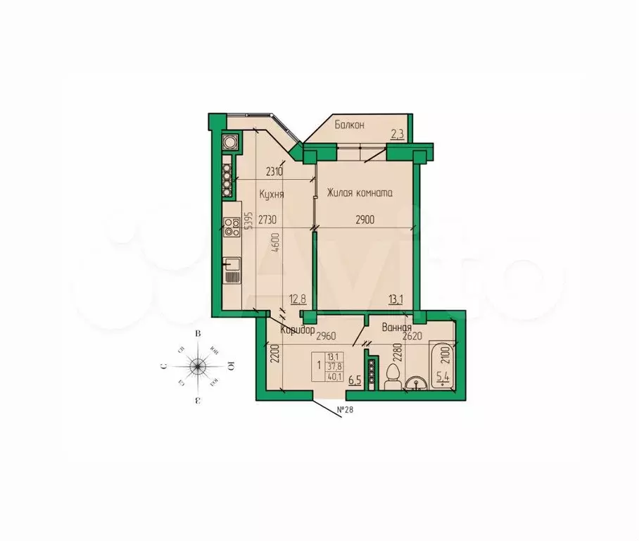 1-к. квартира, 40,1 м, 4/4 эт. - Фото 1