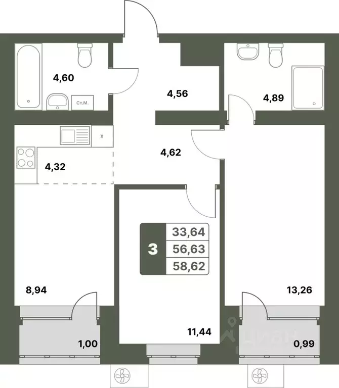 3-к кв. Башкортостан, Уфимский район, с. Миловка  (58.62 м) - Фото 1