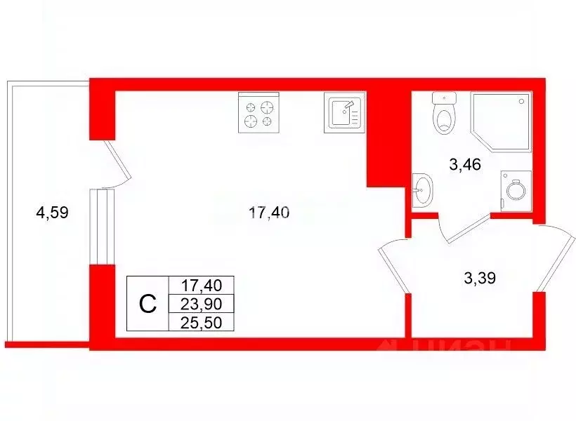 Студия Санкт-Петербург пос. Шушары, Школьная ул., 17 (23.9 м) - Фото 2