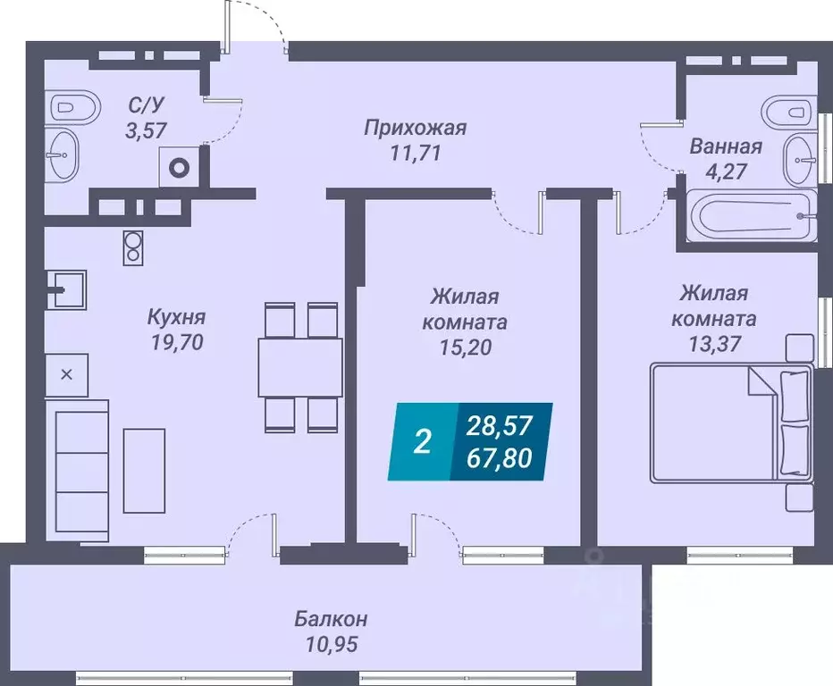 2-к кв. Новосибирская область, Новосибирск ул. Королева, 19 (67.8 м) - Фото 1