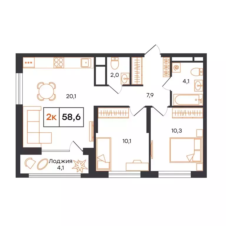 2-комнатная квартира: Тюмень, микрорайон ДОК (58.6 м) - Фото 1