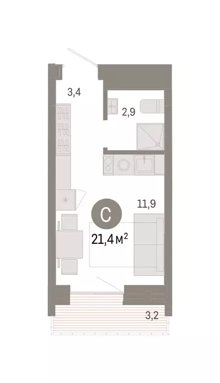 1-комнатная квартира: Тюмень, Причальная улица, 7 (21.4 м) - Фото 2