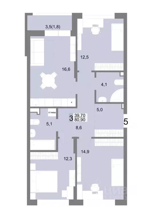 3-к кв. Свердловская область, Екатеринбург ул. Семена Лагоды, 80 (80.9 ... - Фото 0