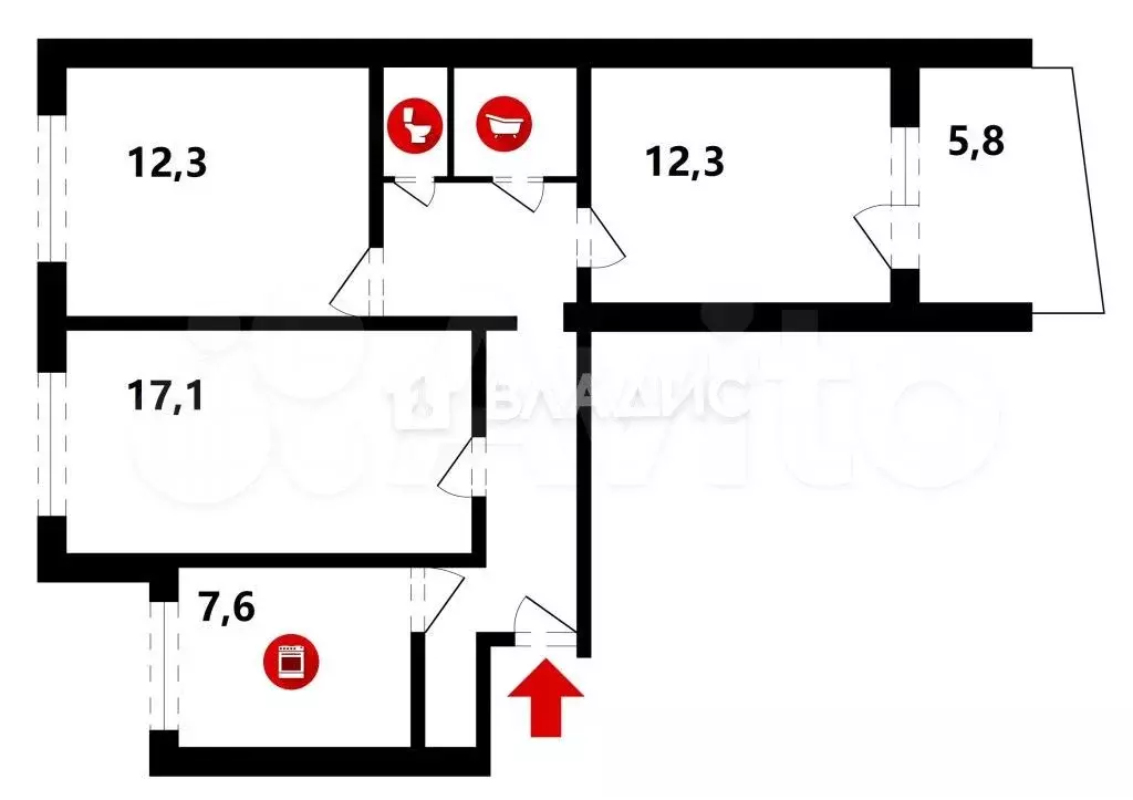 3-к. квартира, 65,2 м, 8/9 эт. - Фото 0