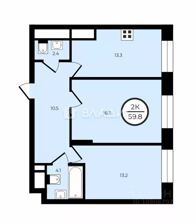 Квартира, 2 комнаты, 59.8 м - Фото 0