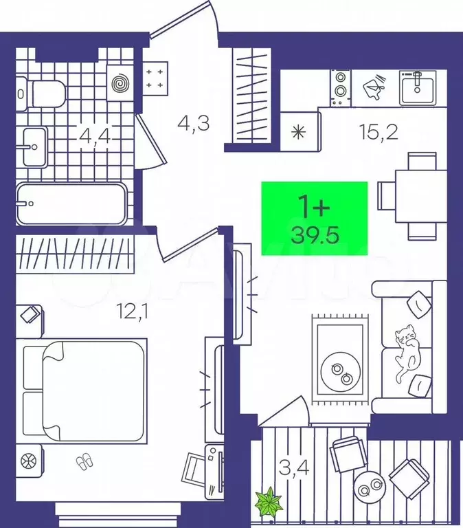 1-к. квартира, 40 м, 9/9 эт. - Фото 1