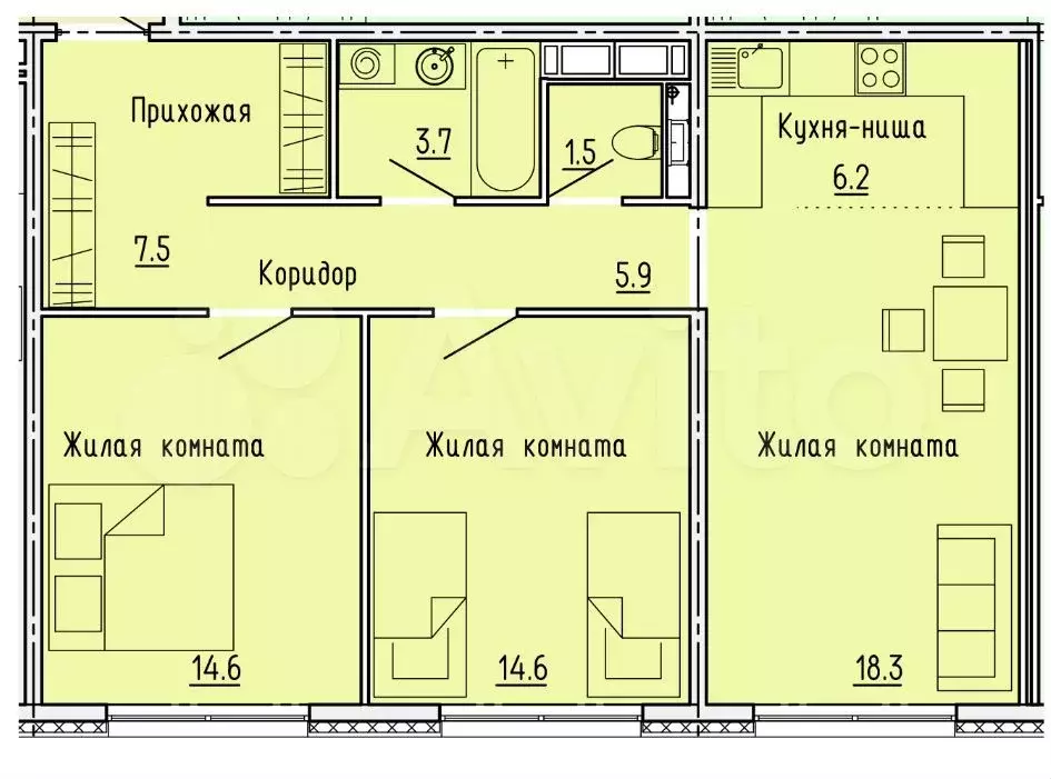 3-к. квартира, 72 м, 9/18 эт. - Фото 1