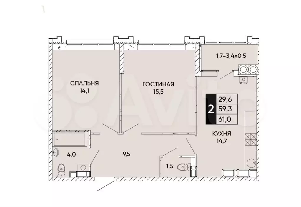 2-к. квартира, 61 м, 21/22 эт. - Фото 0