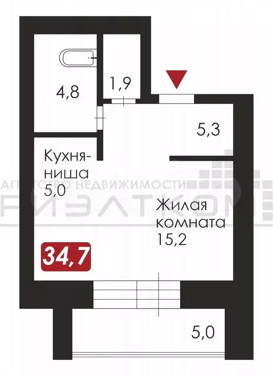 Квартира-студия, 34,4 м, 6/9 эт. - Фото 0