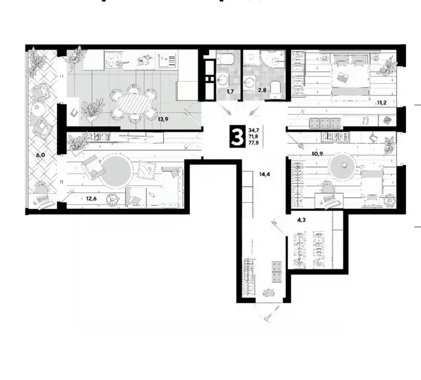 3-к кв. Краснодарский край, Краснодар ул. Ивана Беличенко, 95к1 (77.8 ... - Фото 0