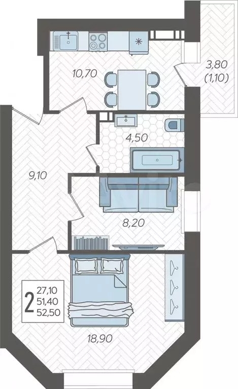 2-к. квартира, 52,5 м, 5/6 эт. - Фото 0