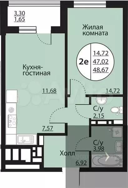1-к. квартира, 48,7 м, 13/24 эт. - Фото 0