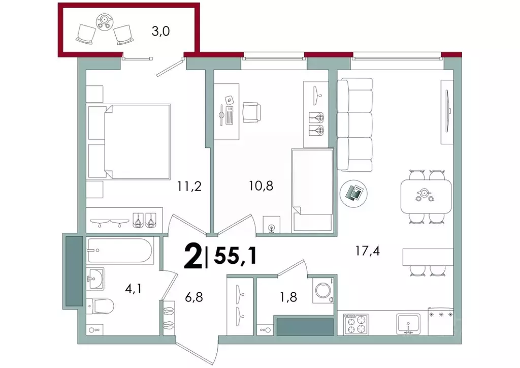 2-к кв. Тверская область, Тверь Южный жилой комплекс (55.1 м) - Фото 1