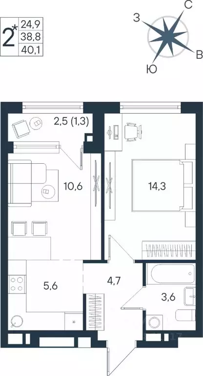 Студия Пермский край, Пермь ул. Космонавта Беляева, 17 (40.1 м) - Фото 1