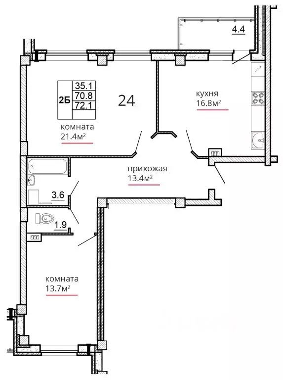 2-к кв. Псковская область, Псков ул. Алексея Алехина, 14 (72.1 м) - Фото 1