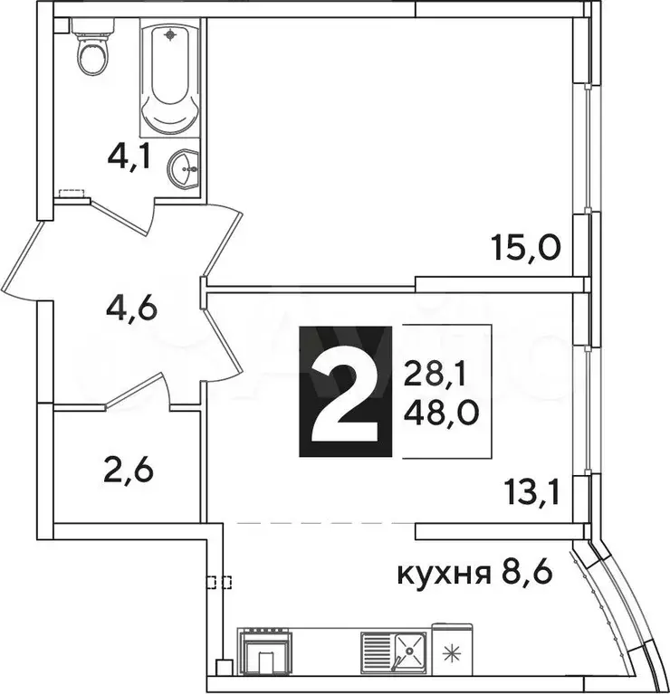 2-к. квартира, 48 м, 1/16 эт. - Фото 1