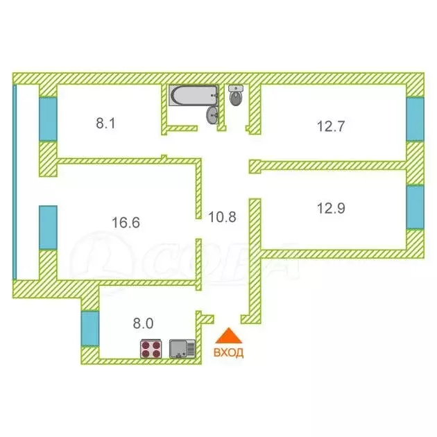 4-комнатная квартира: Тюмень, Боровская улица, 8 (72.8 м) - Фото 1