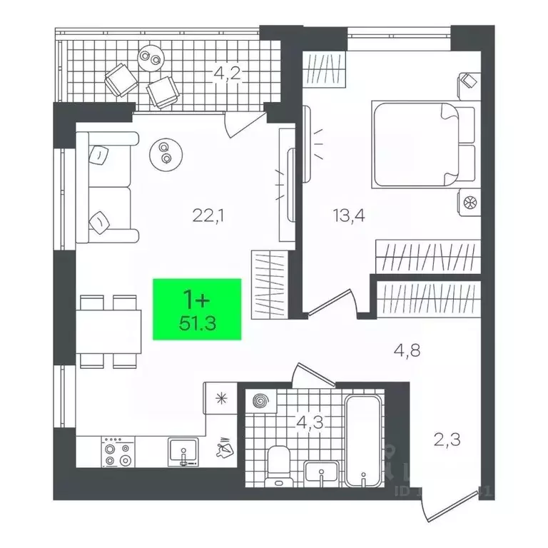1-к кв. Тюменская область, Тюмень ул. Николая Глебова, 10 (51.38 м) - Фото 0