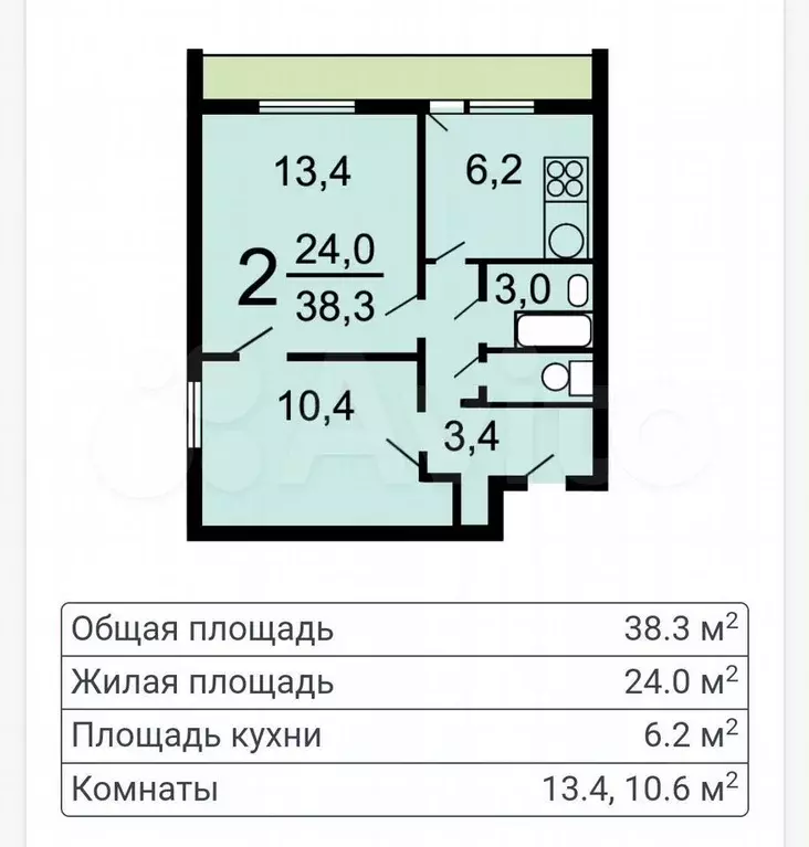 2-к. квартира, 38,3 м, 13/14 эт. - Фото 0