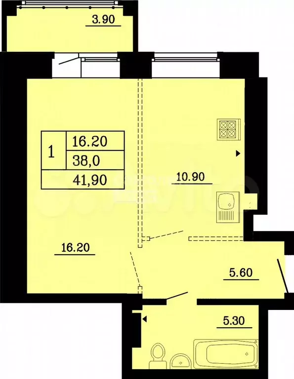 1-к. квартира, 41,9 м, 5/9 эт. - Фото 0