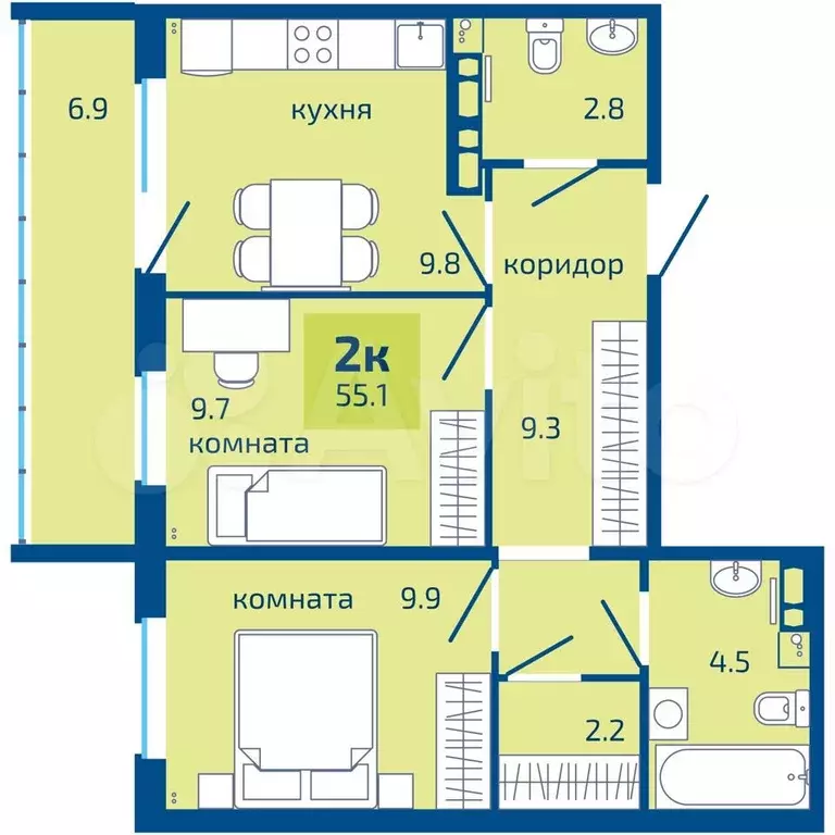 2-к. квартира, 55,1 м, 10/10 эт. - Фото 0