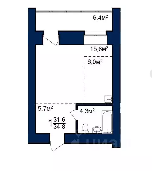 Студия Амурская область, Благовещенск 224-й кв-л,  (34.8 м) - Фото 0