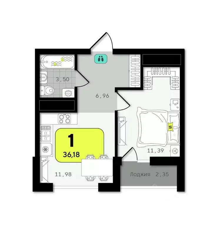 1-к кв. Тюменская область, Тюмень  (36.18 м) - Фото 1