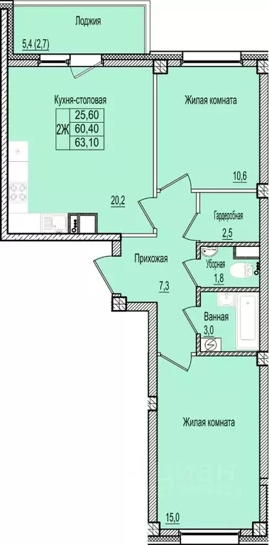 2-к кв. Псковская область, Псков Крестовское ш., 6 (63.1 м) - Фото 1