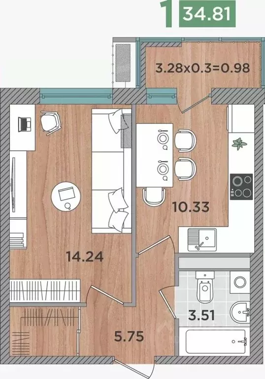 1-к кв. Краснодарский край, Темрюк Дальняя ул., 30/1 (34.1 м) - Фото 2