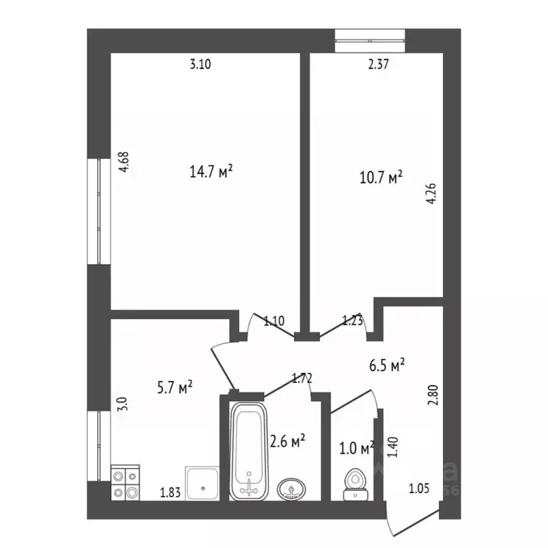 2-к кв. Тюменская область, Тюменский муниципальный округ, пос. ... - Фото 2