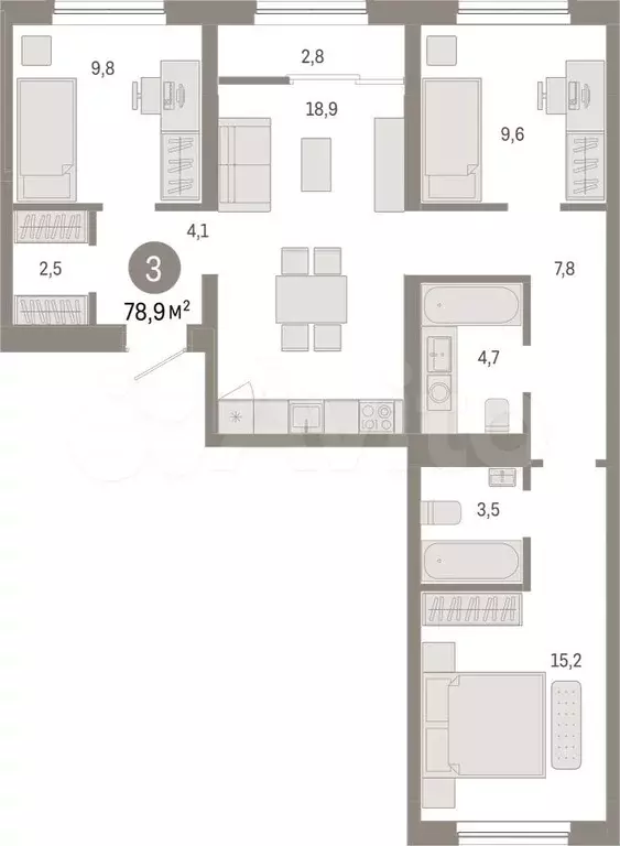 3-к. квартира, 78,9 м, 7/15 эт. - Фото 1