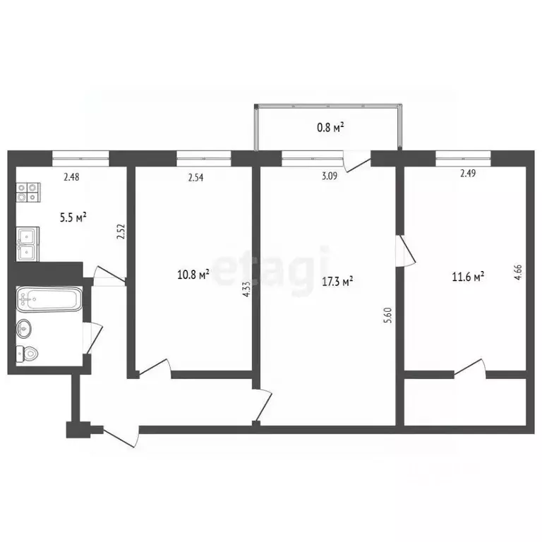 3-к кв. Псковская область, Псков Рижский просп., 48А (56.4 м) - Фото 2
