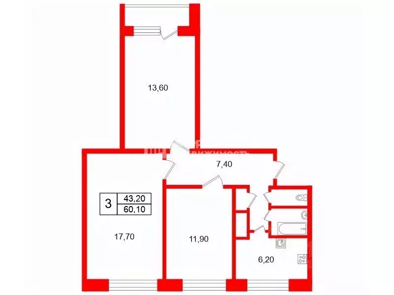3-к кв. Санкт-Петербург ул. Жени Егоровой, 3К2 (60.1 м) - Фото 2