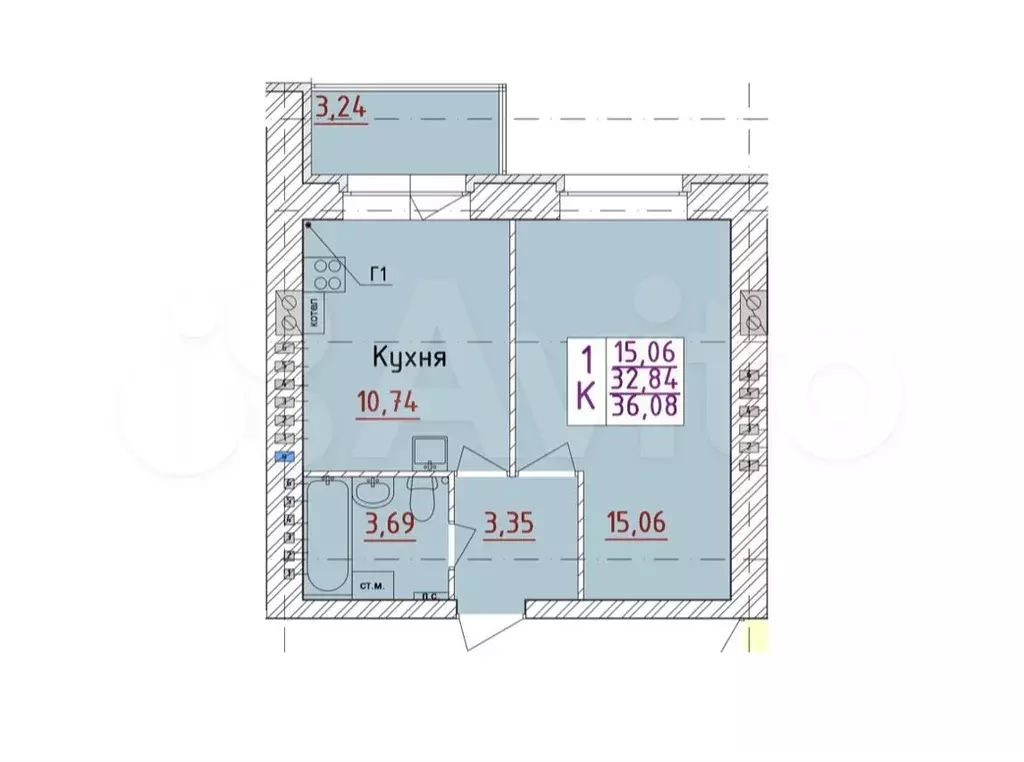 1-к. квартира, 36,1 м, 1/6 эт. - Фото 0