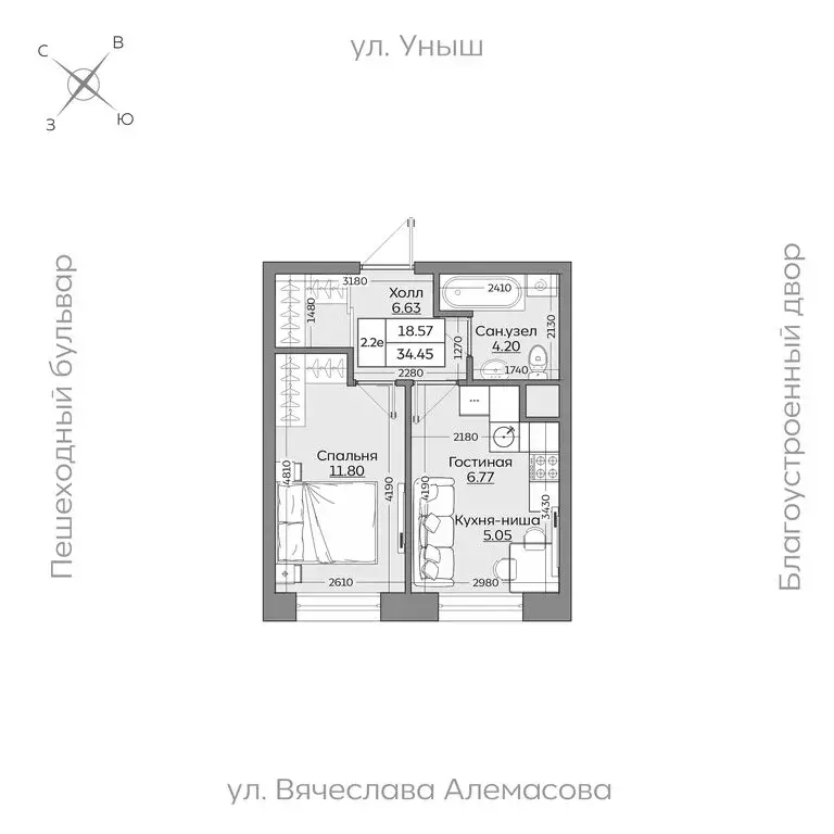 2-комнатная квартира: Казань, Приволжский район (34.45 м) - Фото 0