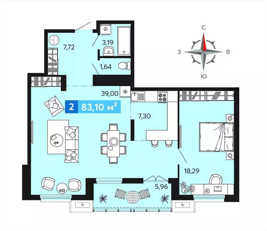 2-комнатная квартира: Засечное, микрорайон Город Спутник (83.1 м) - Фото 0
