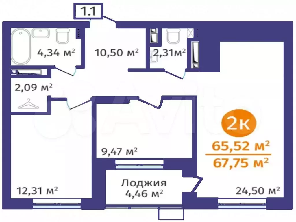 2-к. квартира, 65,5 м, 17/24 эт. - Фото 1