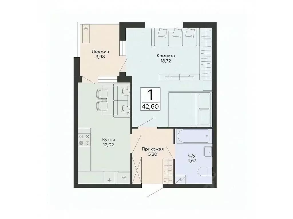 1-к кв. Воронежская область, Воронеж ул. Туполева, 5Н (42.6 м) - Фото 1