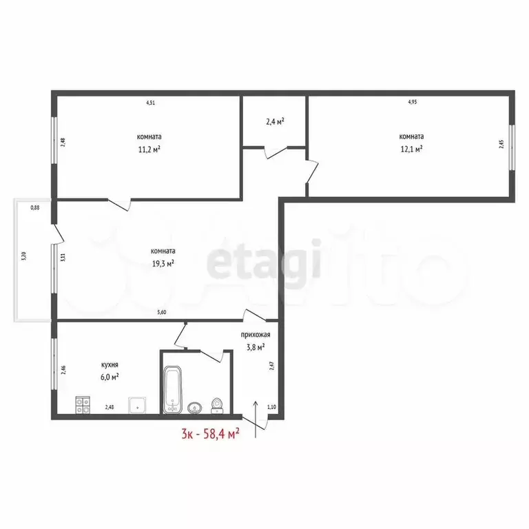 3-к. квартира, 58,4 м, 3/5 эт. - Фото 0