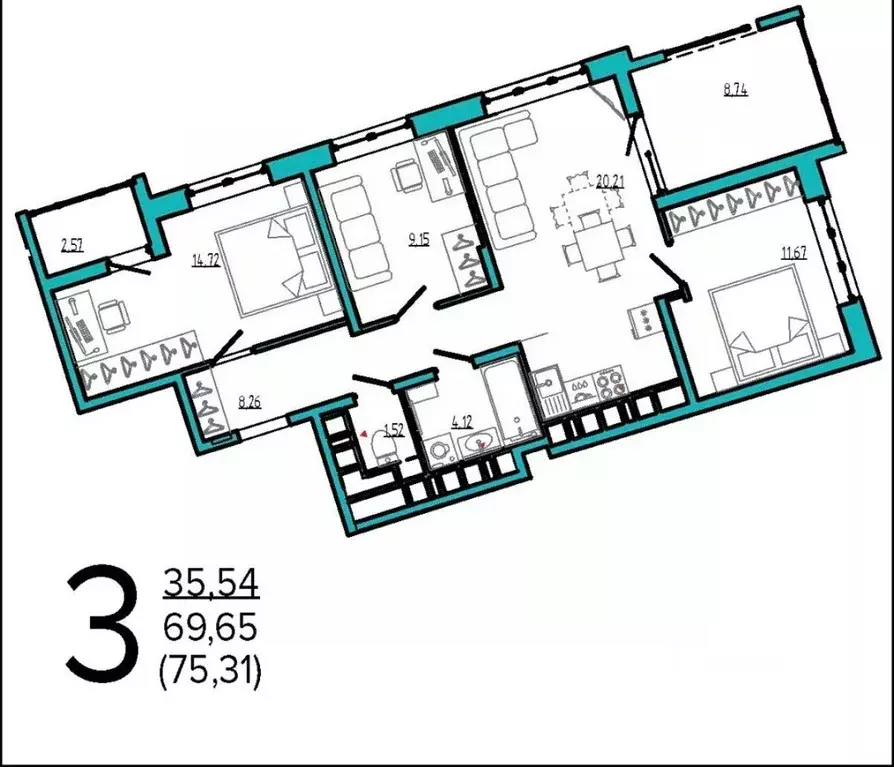 3-к кв. Брянская область, Брянск Бежицкая ул., 21Б (75.31 м) - Фото 1