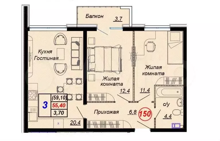 Квартира-студия, 59,1 м, 9/16 эт. - Фото 0