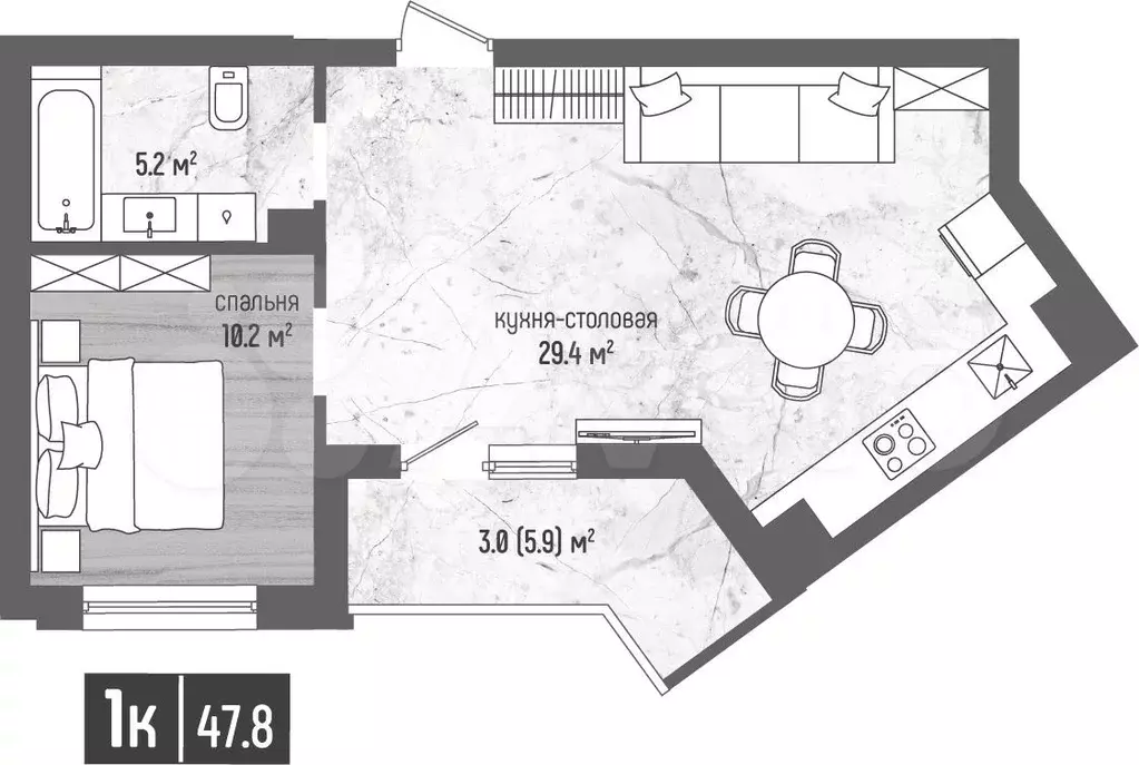 1-к. квартира, 47,8 м, 5/5 эт. - Фото 1