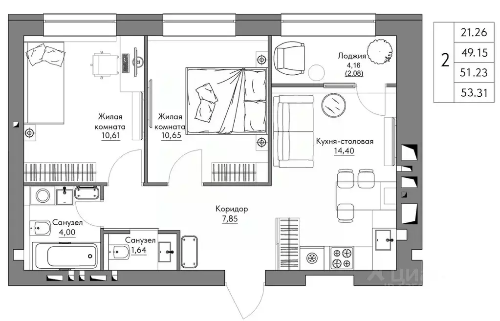 2-к кв. Калужская область, Калуга Жилыеы Острова кв-л,  (53.31 м) - Фото 1